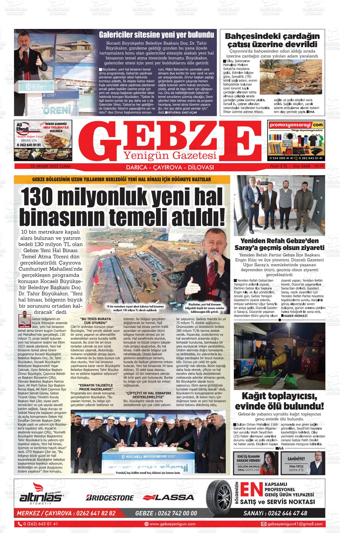 02 Aralık 2022 Gebze Yenigün Gazete Manşeti