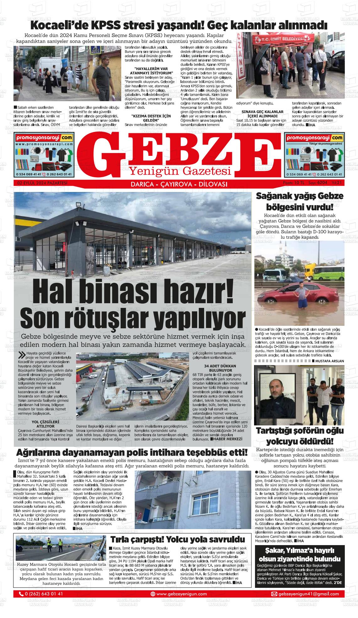 02 Eylül 2024 Gebze Yenigün Gazete Manşeti