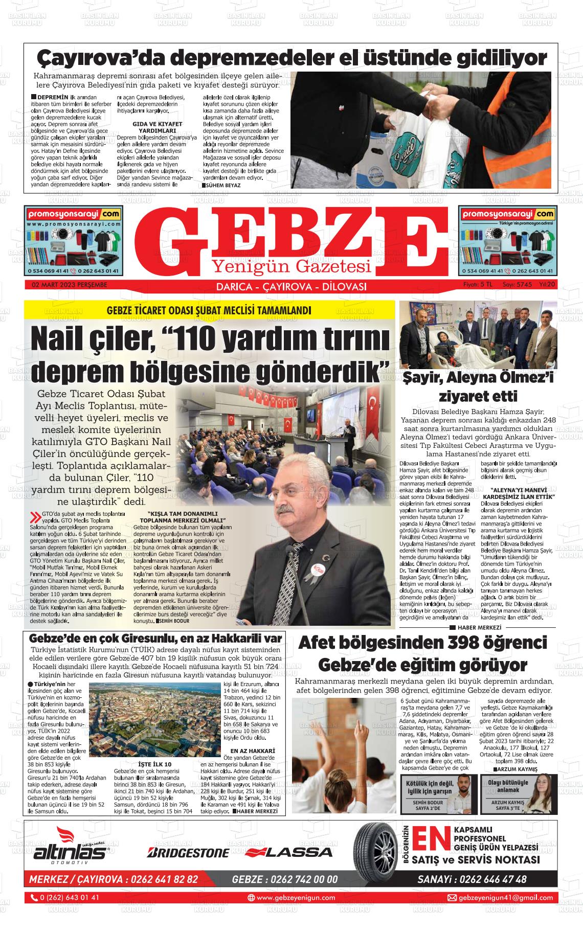 30 Nisan 2023 Gebze Yenigün Gazete Manşeti