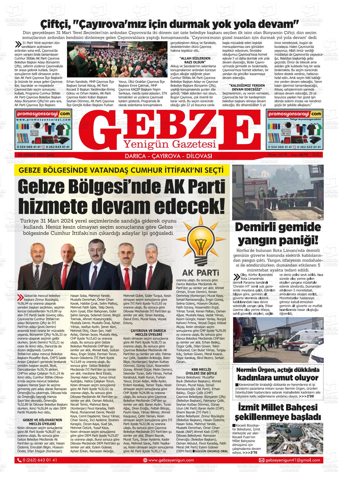 02 Nisan 2024 Gebze Yenigün Gazete Manşeti