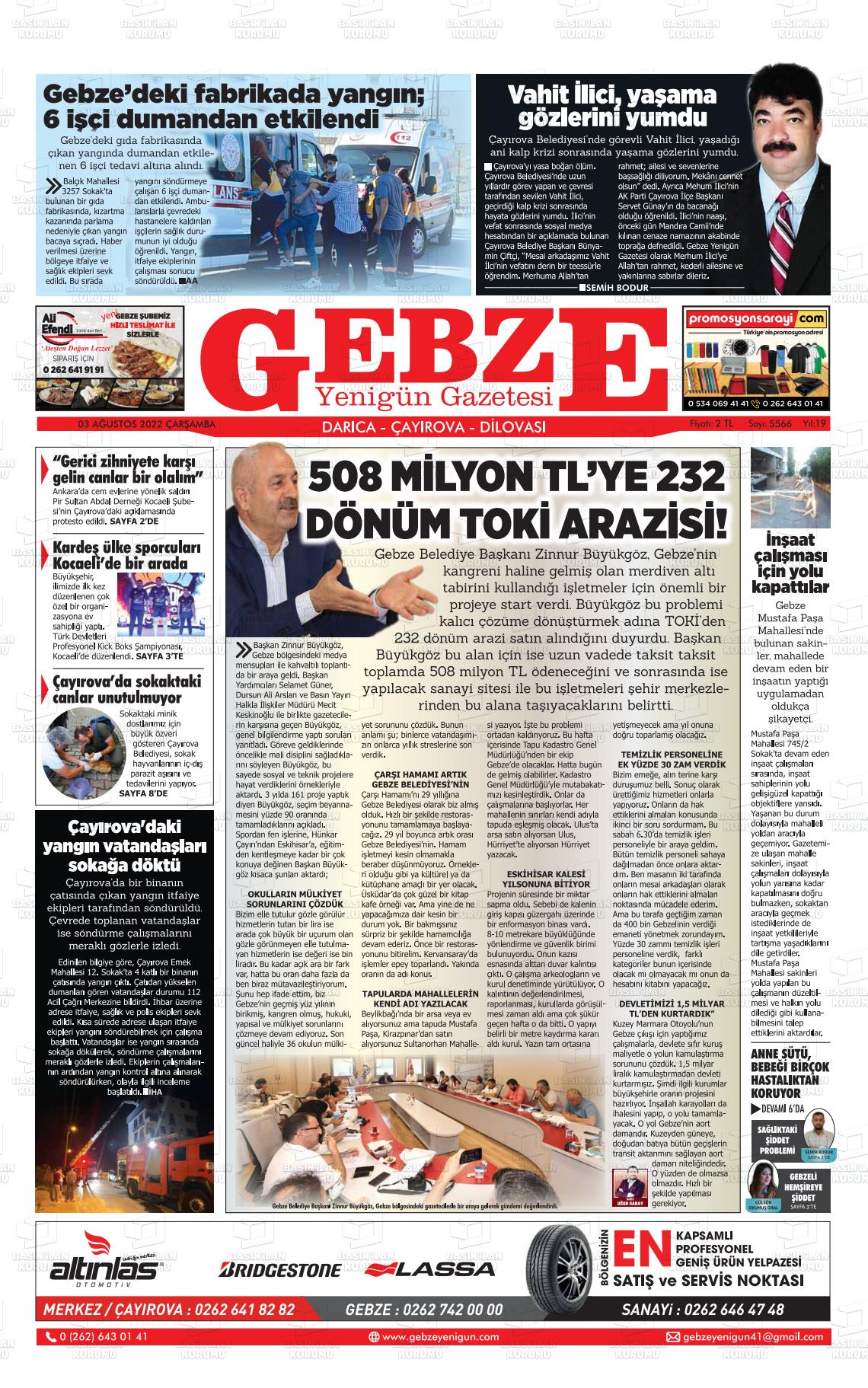 03 Ağustos 2022 Gebze Yenigün Gazete Manşeti