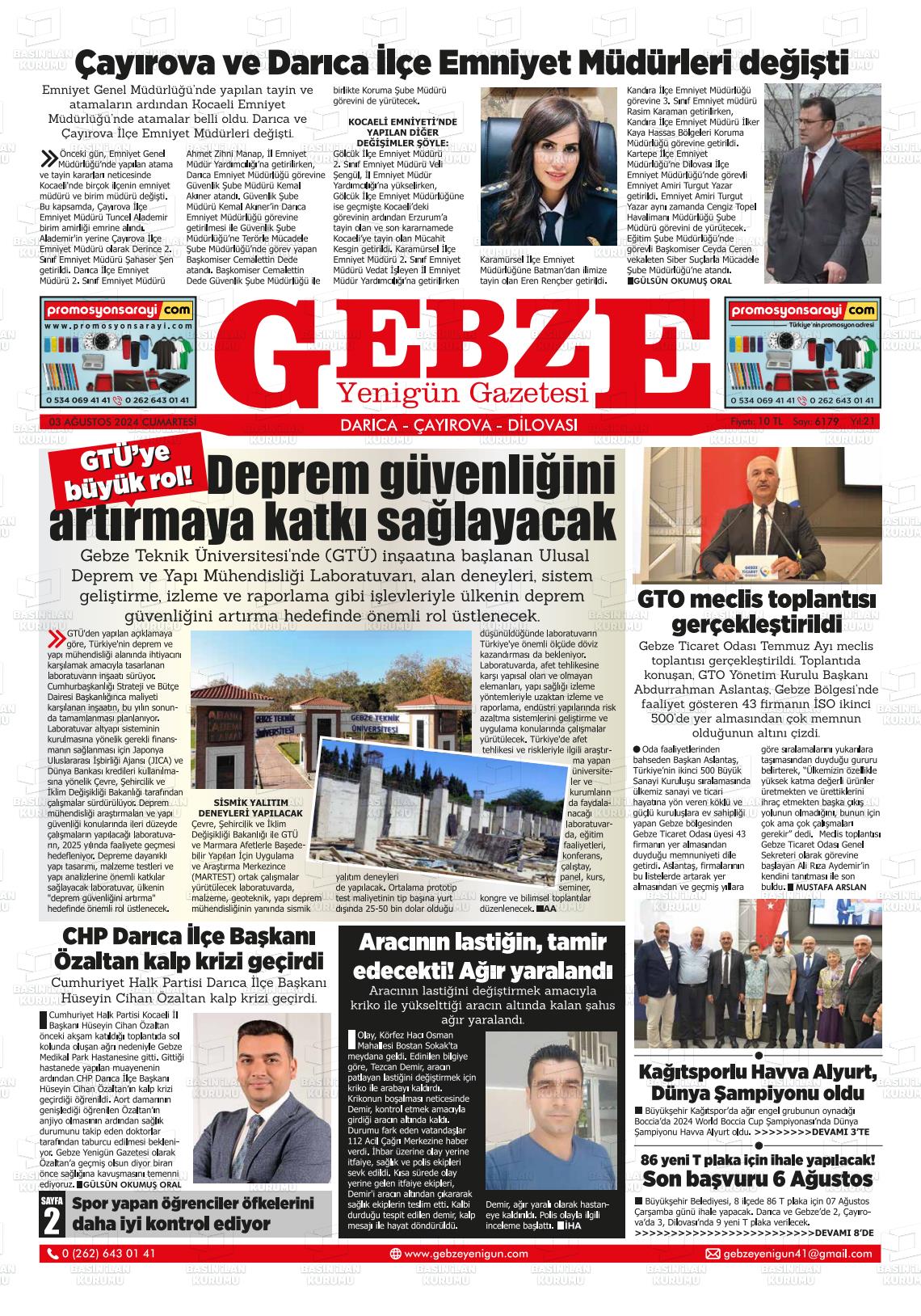 03 Ağustos 2024 Gebze Yenigün Gazete Manşeti