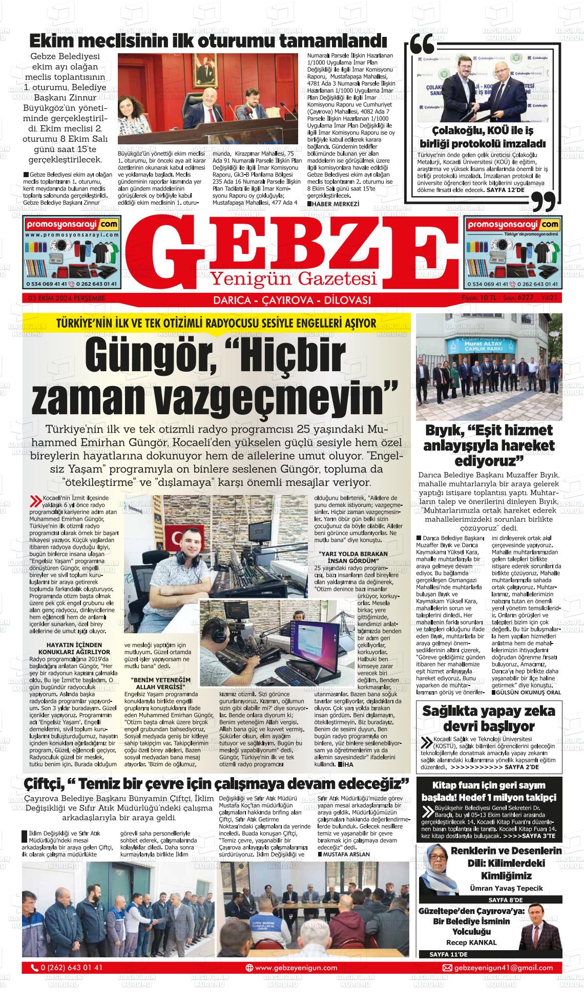 03 Ekim 2024 Gebze Yenigün Gazete Manşeti