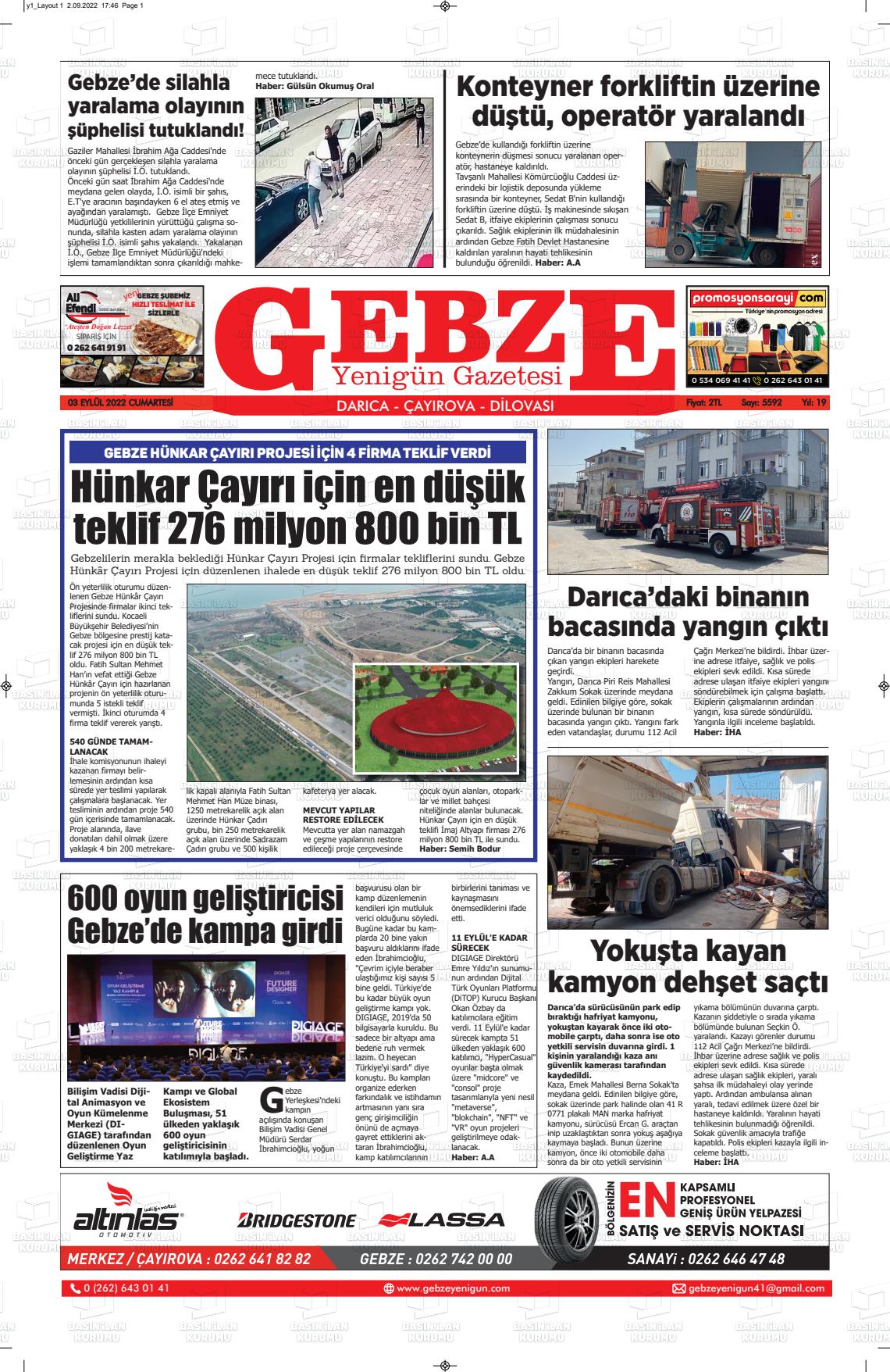 03 Eylül 2022 Gebze Yenigün Gazete Manşeti