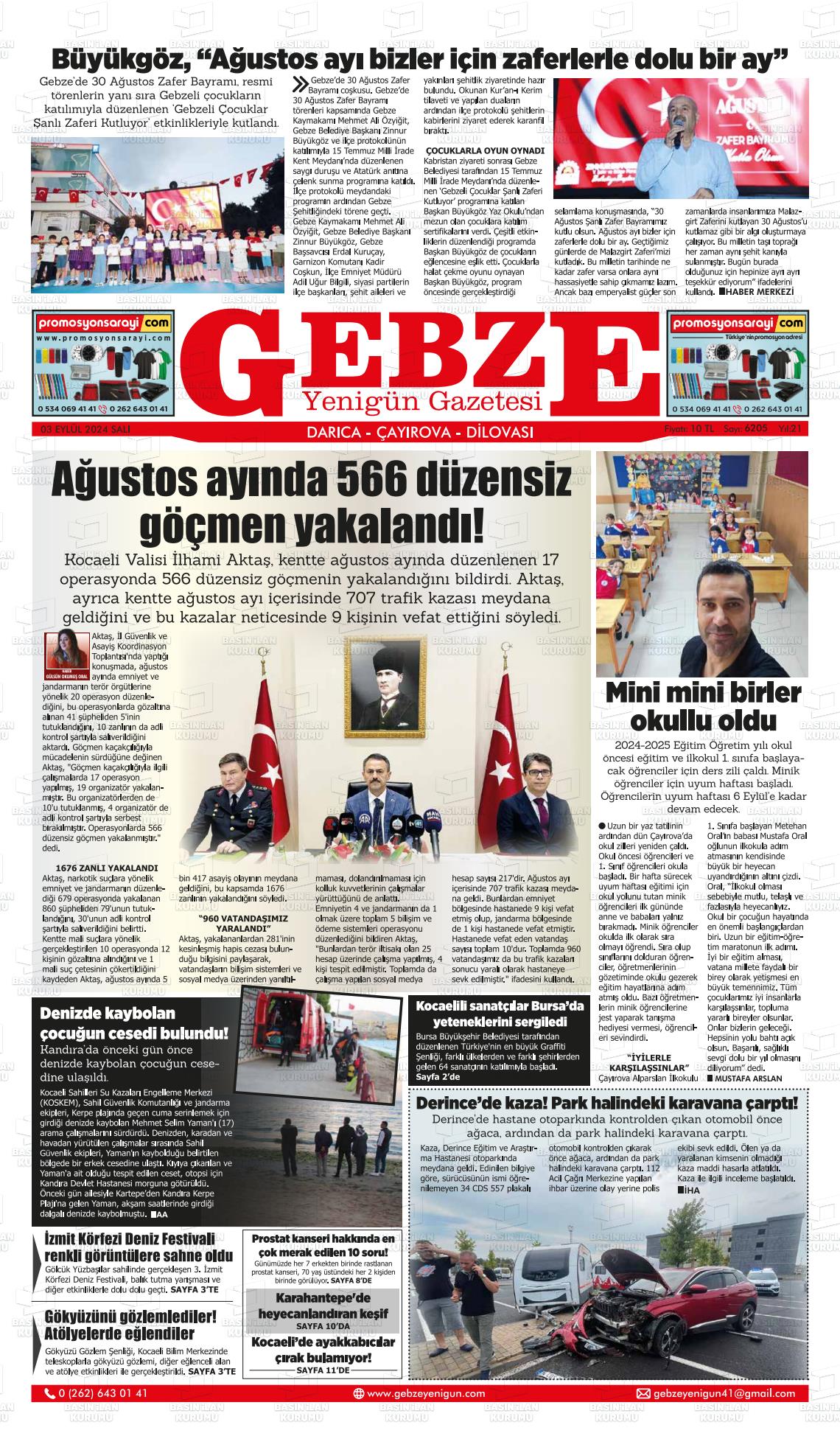 03 Eylül 2024 Gebze Yenigün Gazete Manşeti