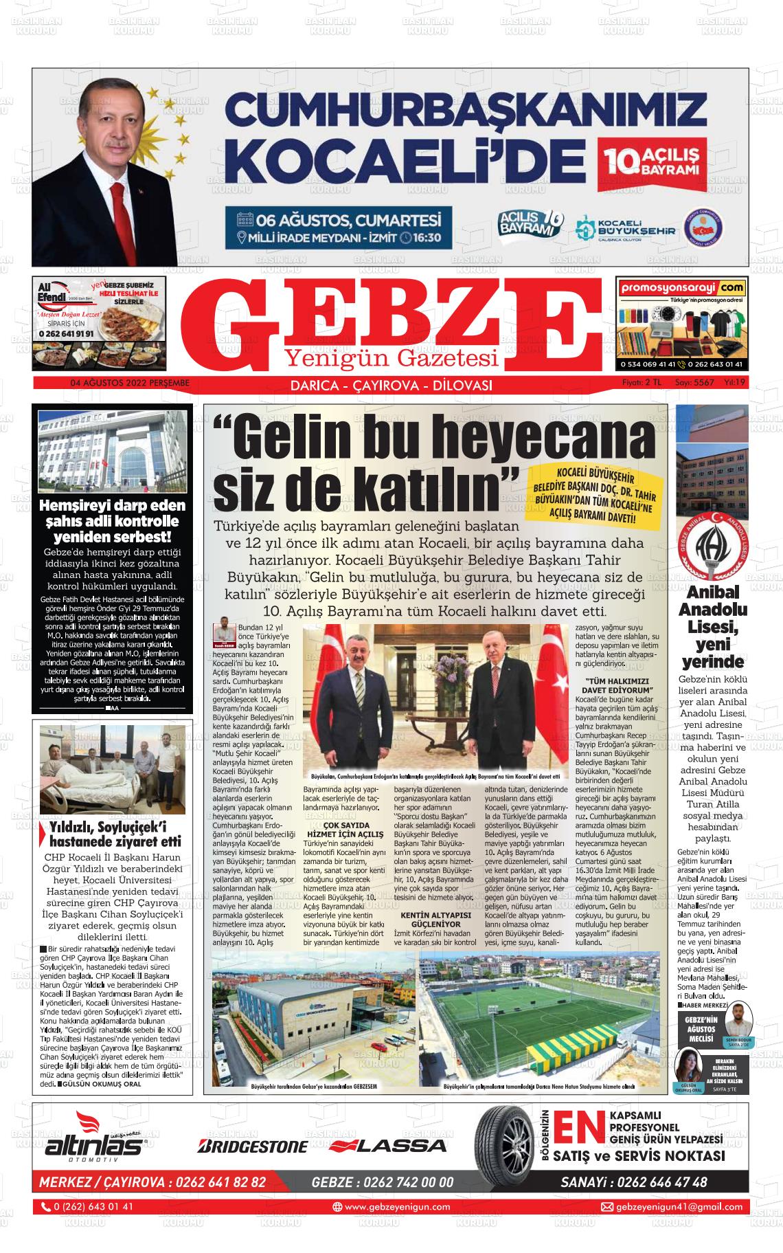 04 Ağustos 2022 Gebze Yenigün Gazete Manşeti