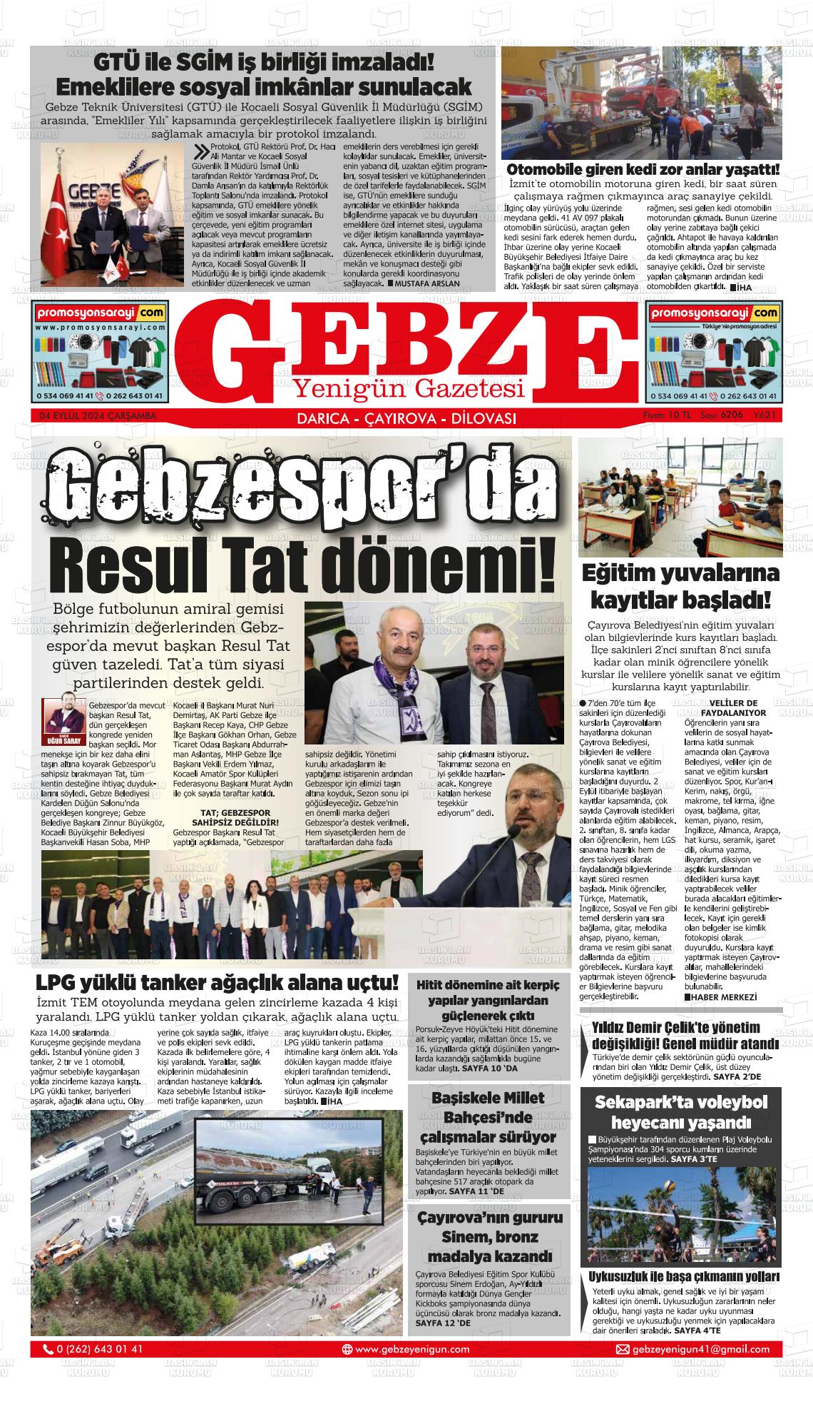 04 Eylül 2024 Gebze Yenigün Gazete Manşeti