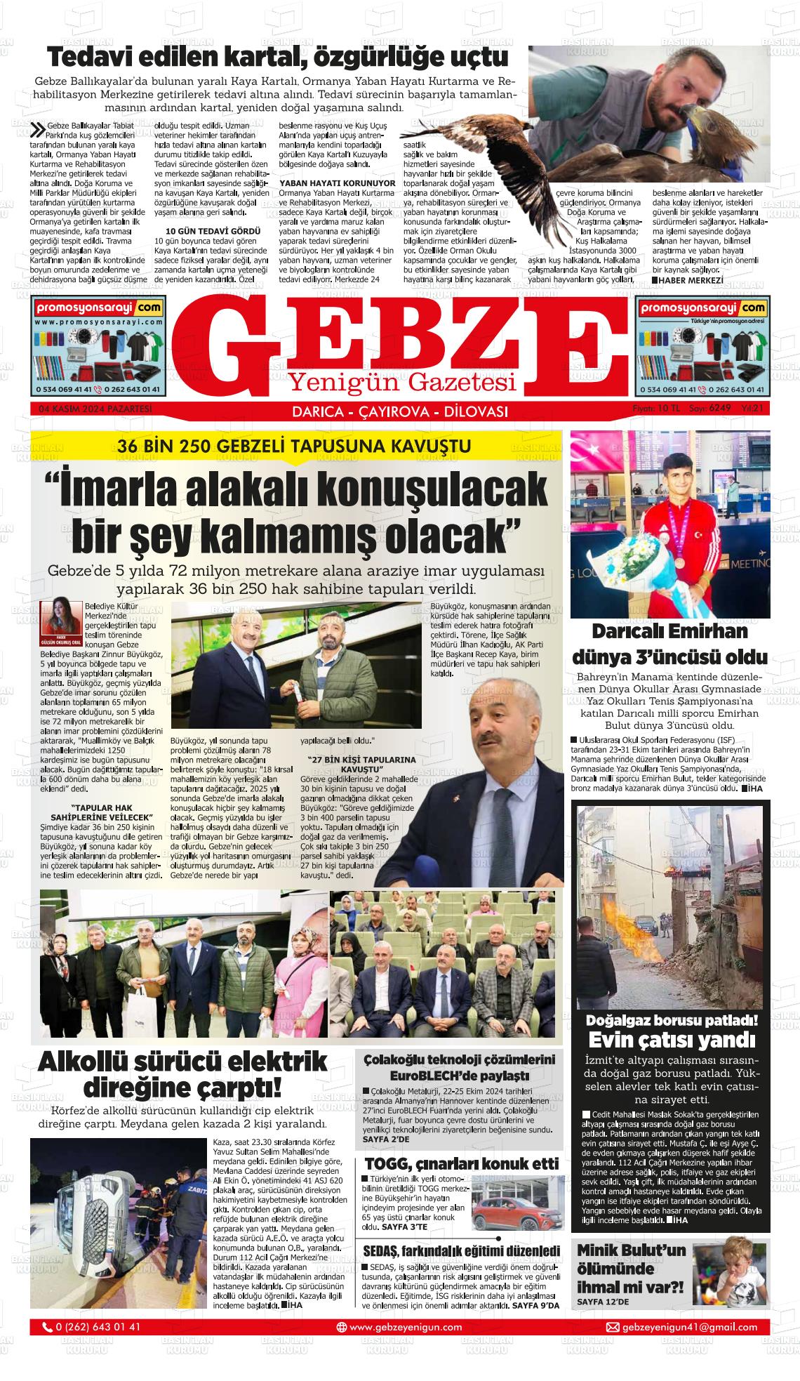 04 Kasım 2024 Gebze Yenigün Gazete Manşeti