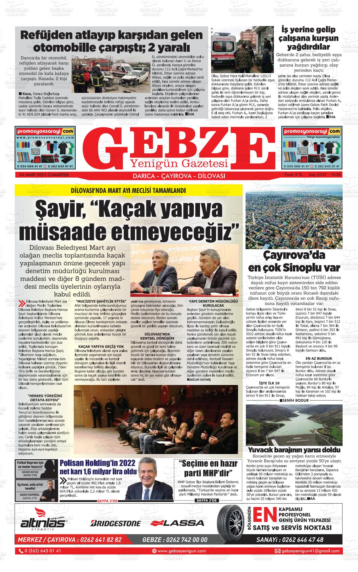 02 Mayıs 2023 Gebze Yenigün Gazete Manşeti