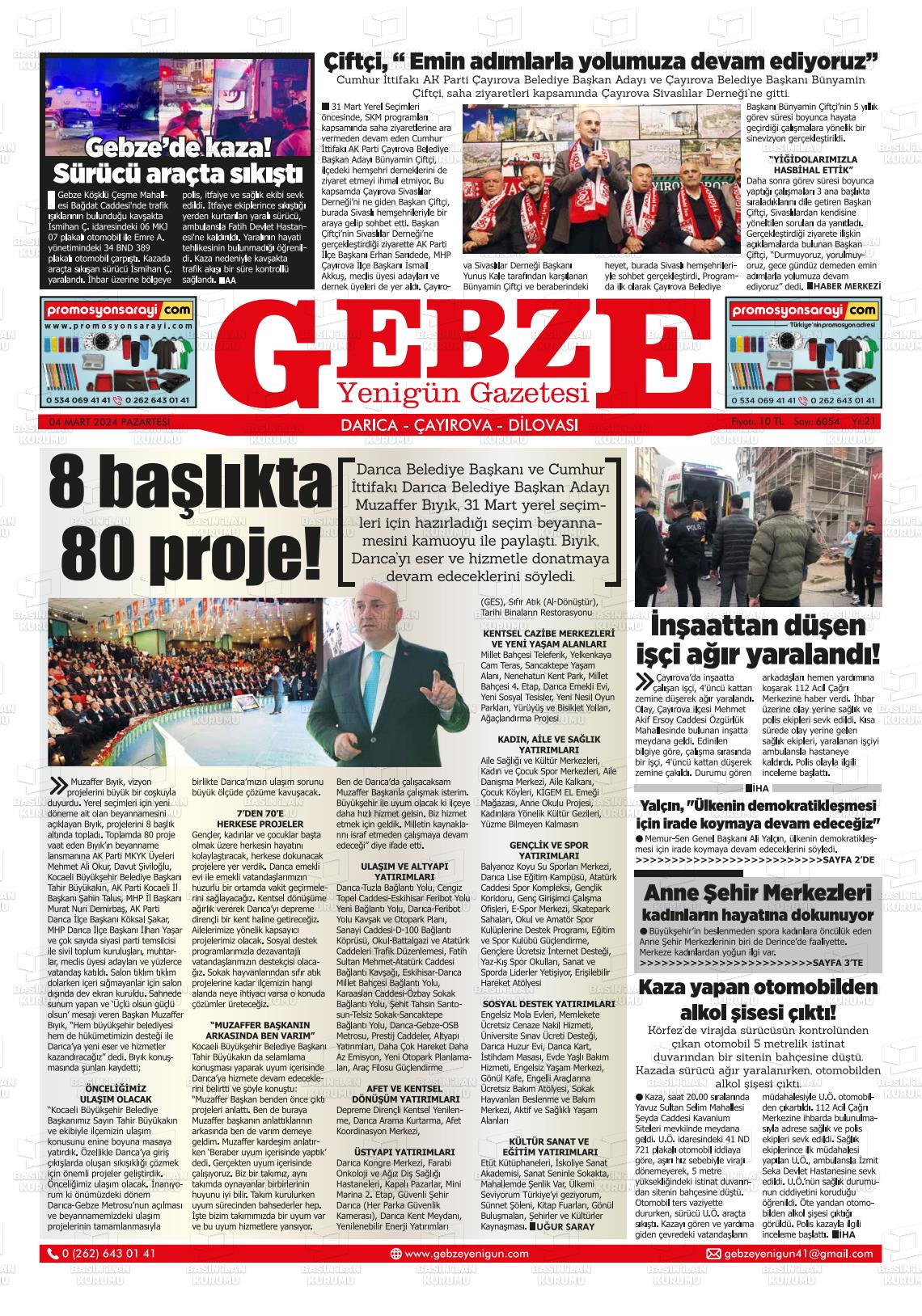 04 Mart 2024 Gebze Yenigün Gazete Manşeti