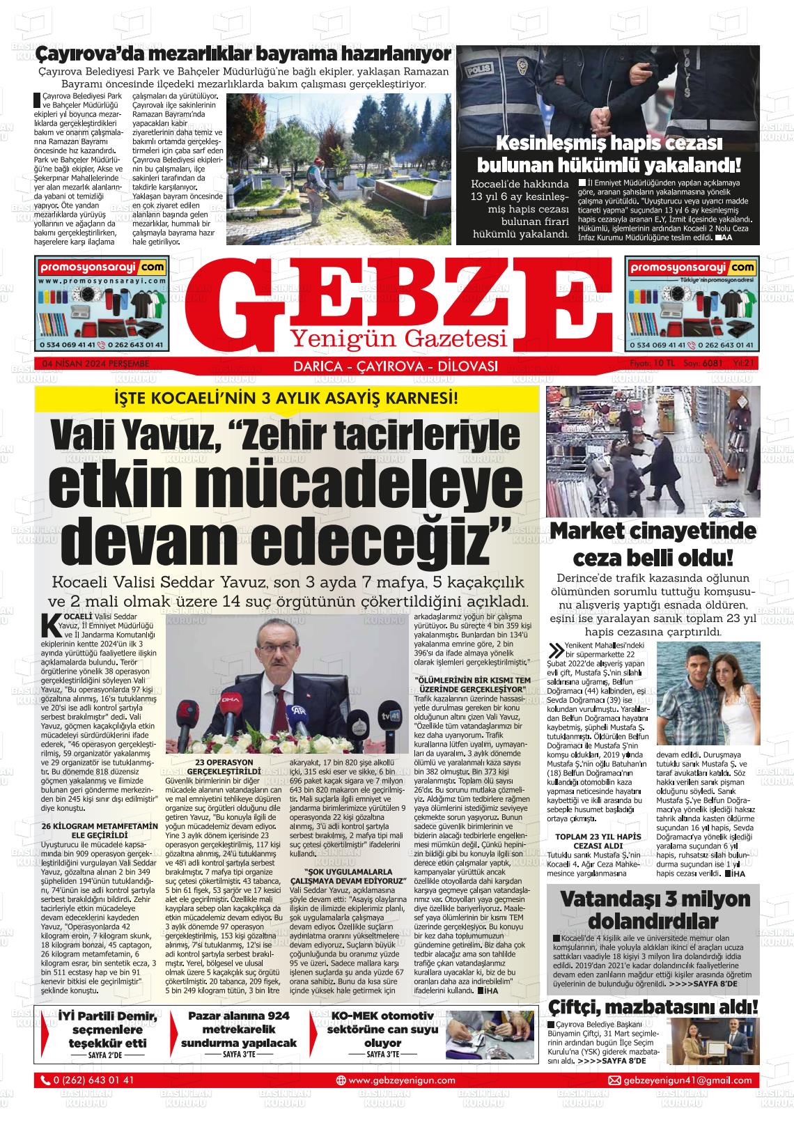 04 Nisan 2024 Gebze Yenigün Gazete Manşeti