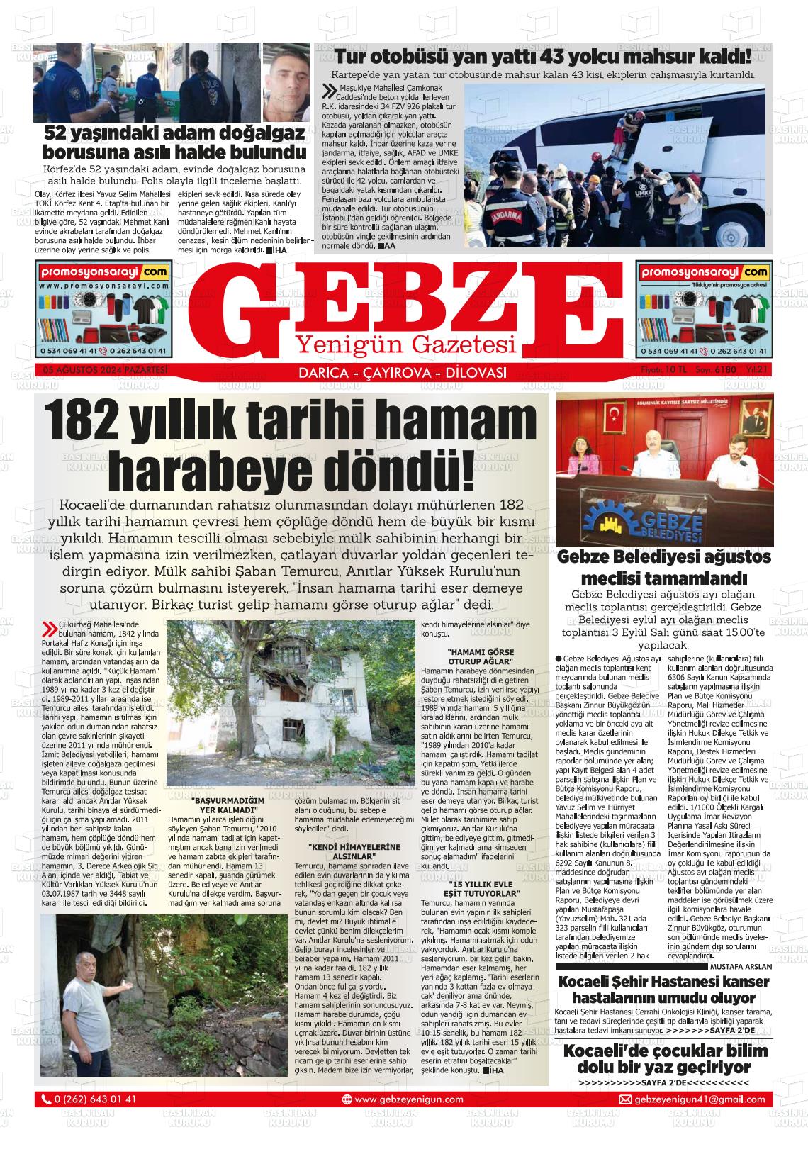 05 Ağustos 2024 Gebze Yenigün Gazete Manşeti