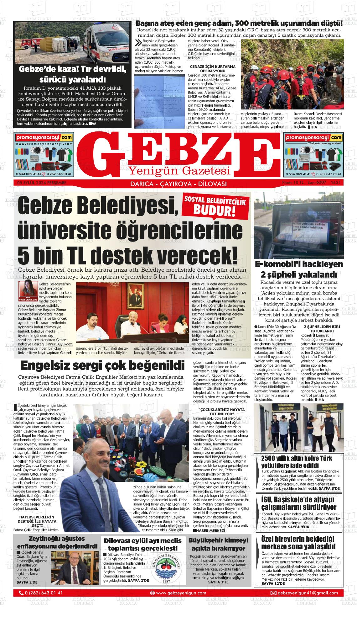 05 Eylül 2024 Gebze Yenigün Gazete Manşeti