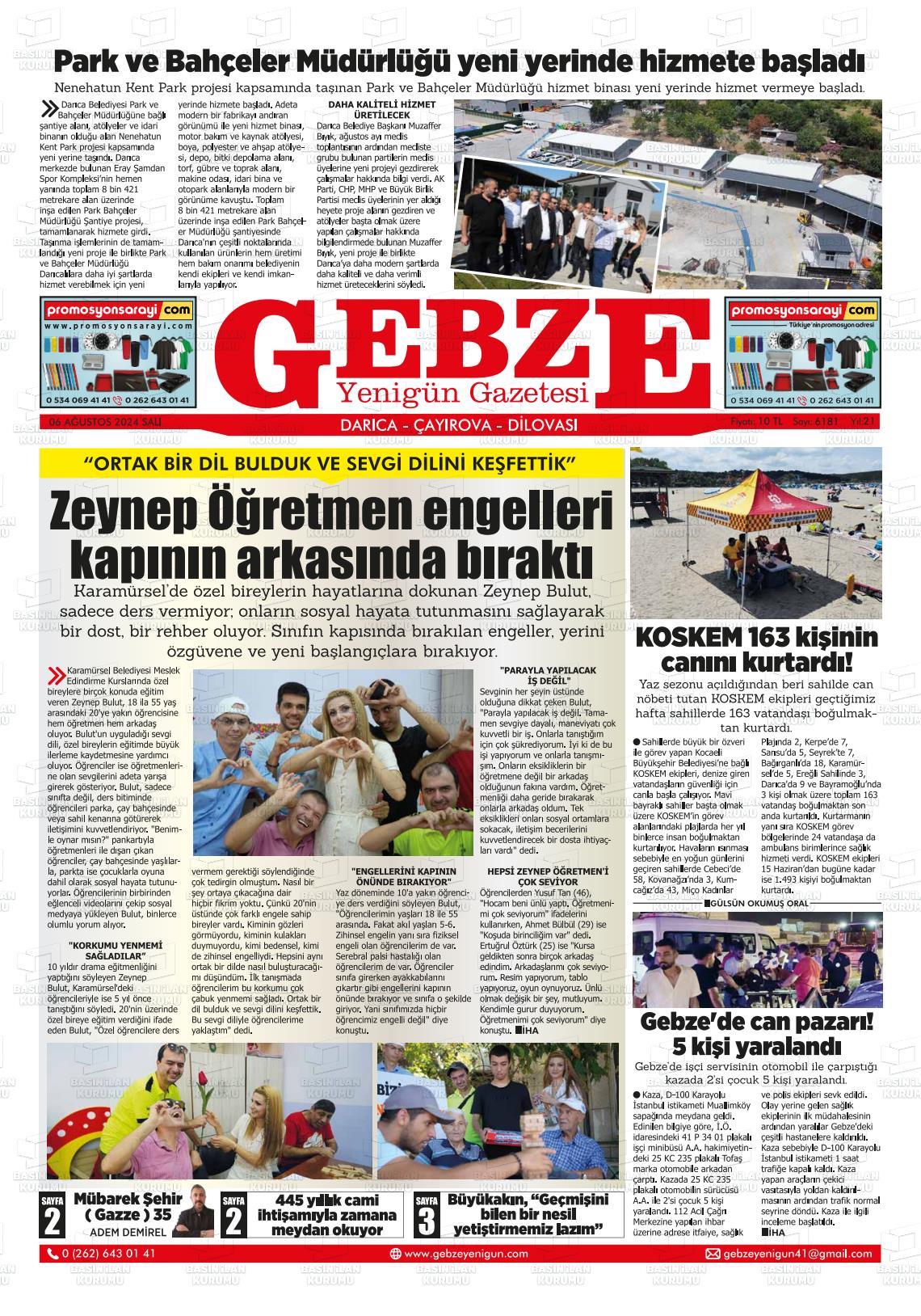 06 Ağustos 2024 Gebze Yenigün Gazete Manşeti