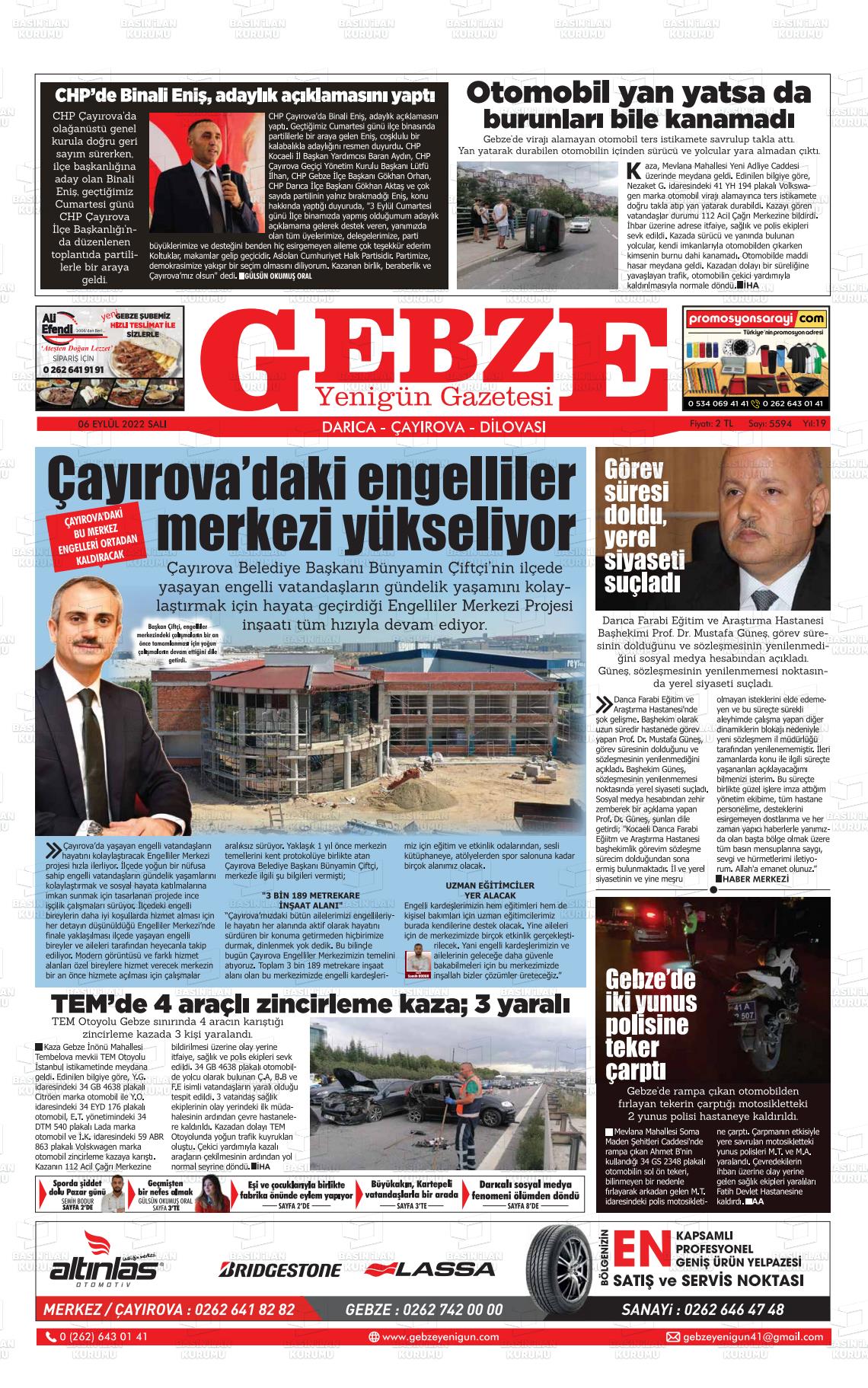 06 Eylül 2022 Gebze Yenigün Gazete Manşeti