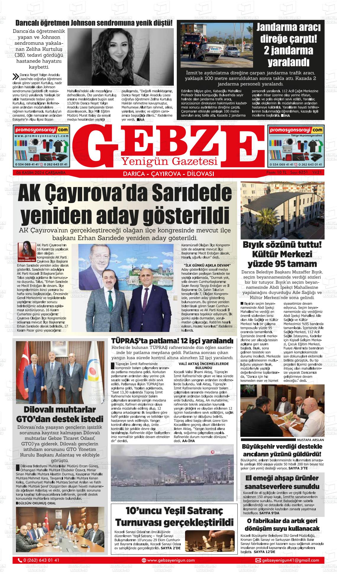 06 Kasım 2024 Gebze Yenigün Gazete Manşeti