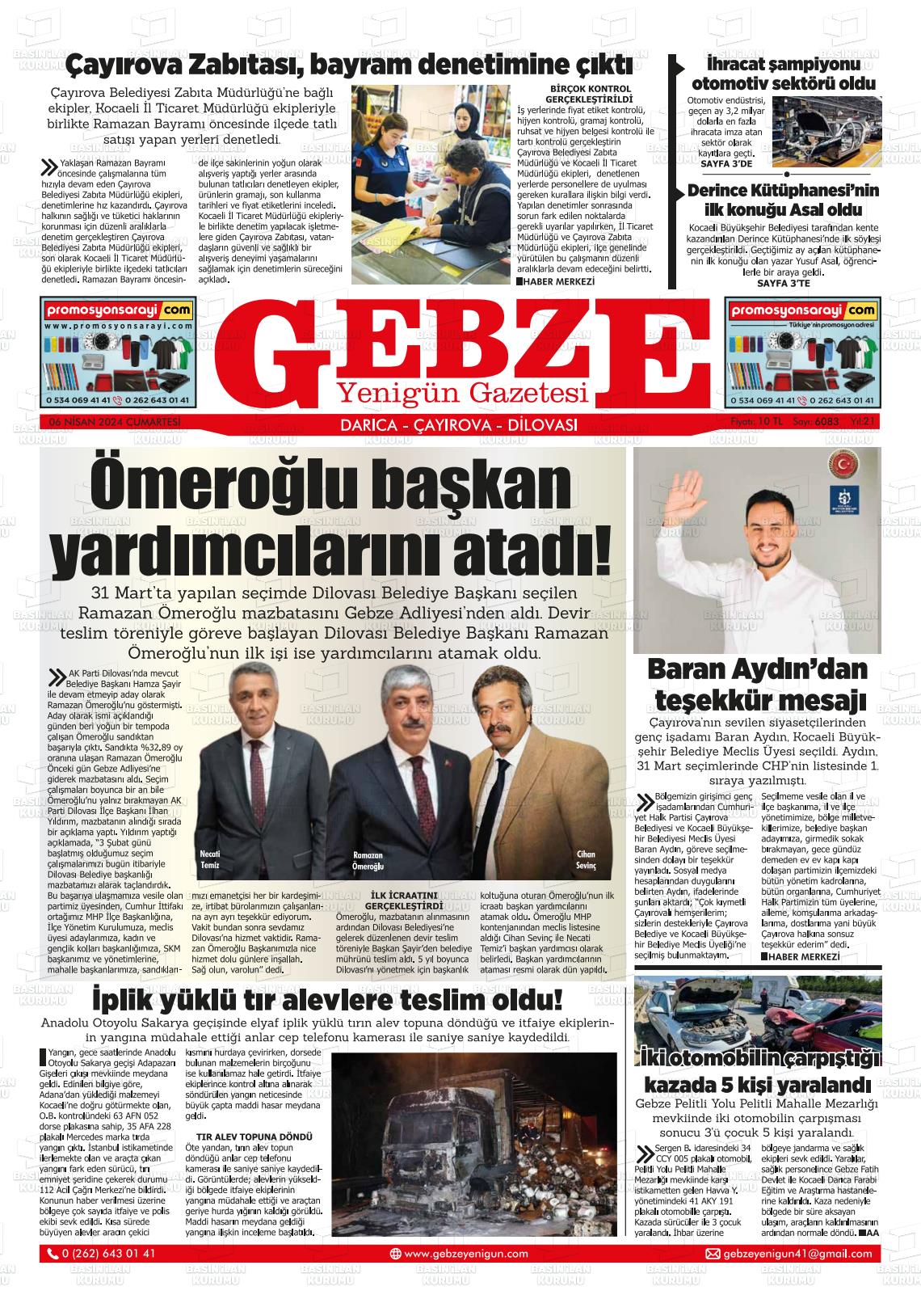 06 Nisan 2024 Gebze Yenigün Gazete Manşeti