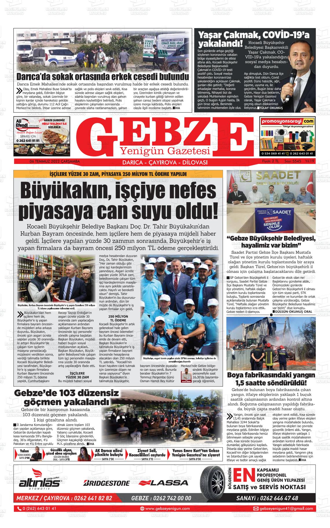 06 Temmuz 2022 Gebze Yenigün Gazete Manşeti