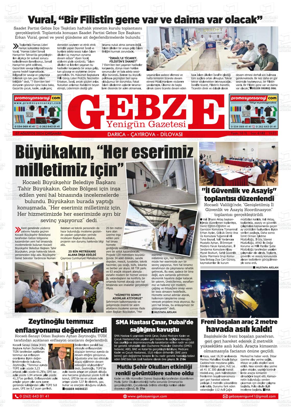 07 Ağustos 2024 Gebze Yenigün Gazete Manşeti