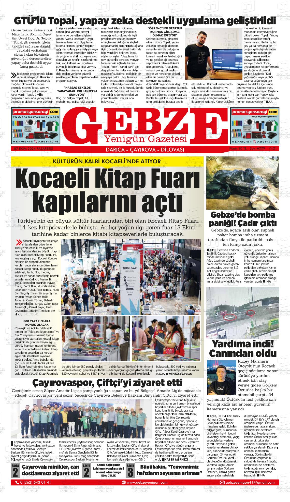 07 Ekim 2024 Gebze Yenigün Gazete Manşeti