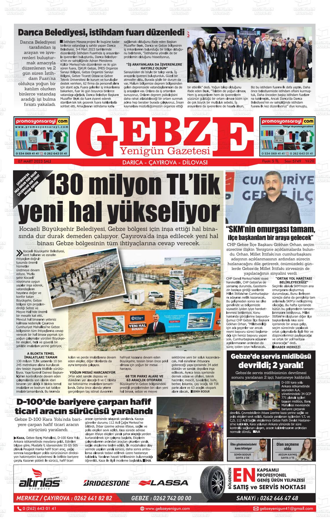 07 Mart 2023 Gebze Yenigün Gazete Manşeti