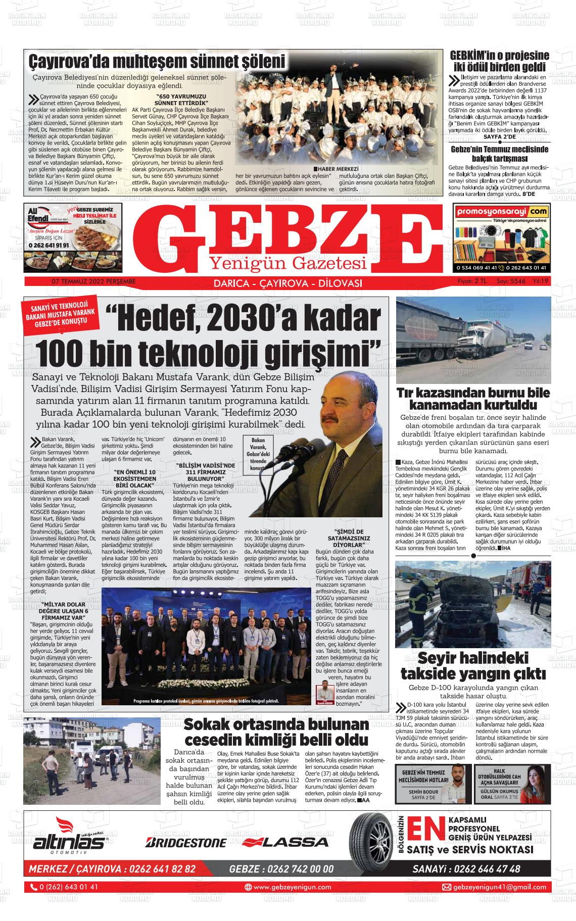 07 Temmuz 2022 Gebze Yenigün Gazete Manşeti