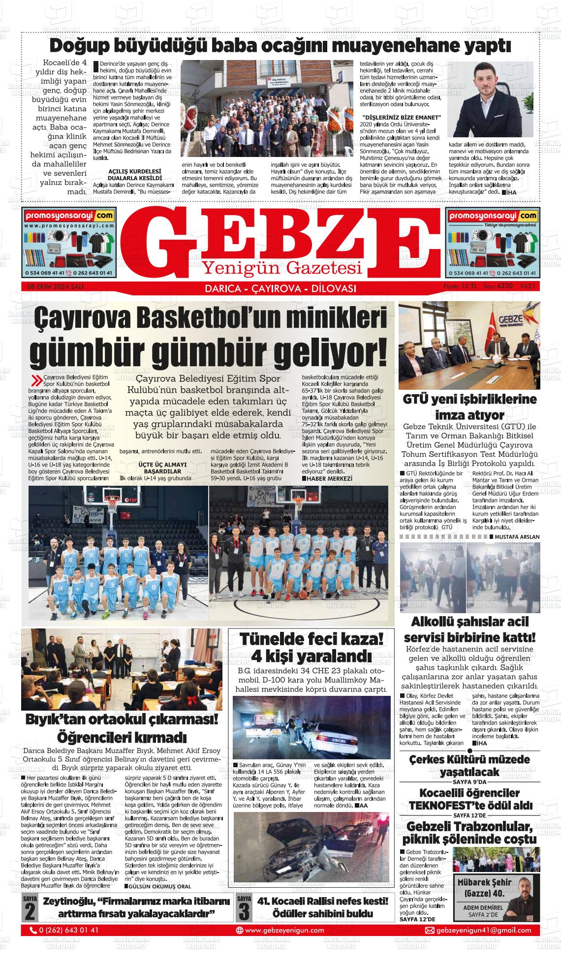 08 Ekim 2024 Gebze Yenigün Gazete Manşeti