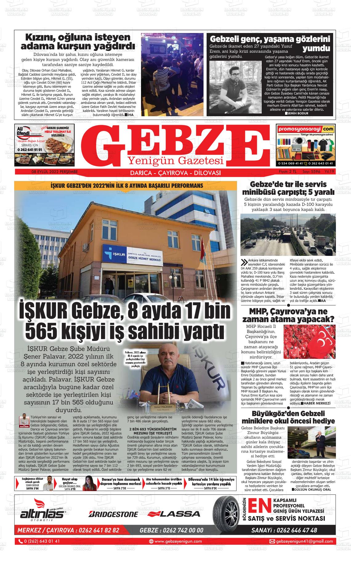 08 Eylül 2022 Gebze Yenigün Gazete Manşeti