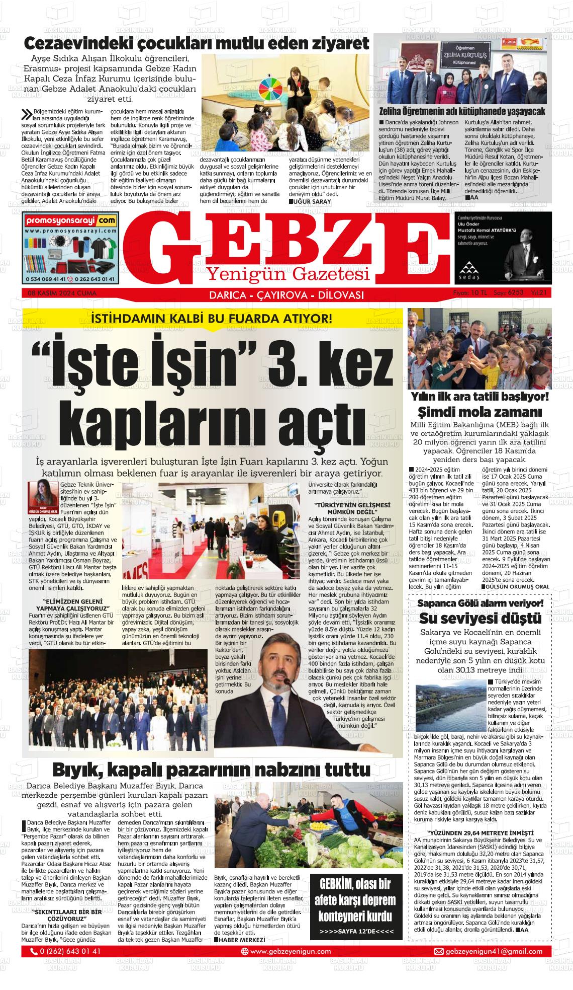 08 Kasım 2024 Gebze Yenigün Gazete Manşeti