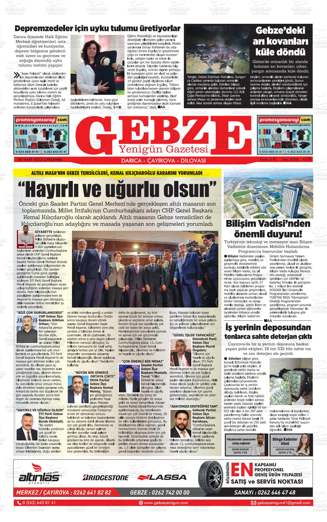 06 Mayıs 2023 Gebze Yenigün Gazete Manşeti