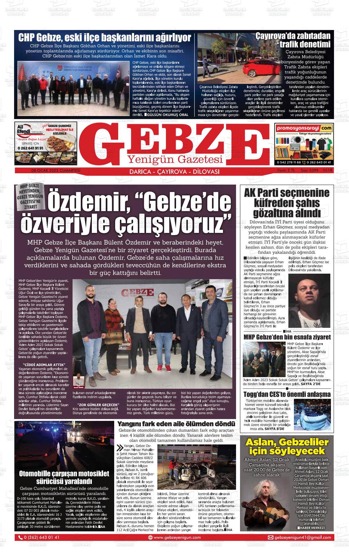 08 Ocak 2022 Gebze Yenigün Gazete Manşeti