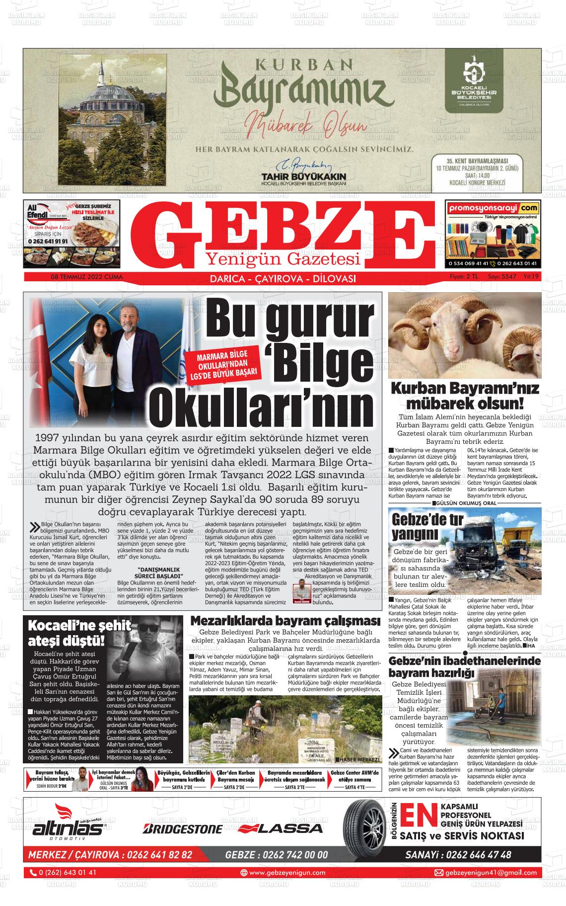 08 Temmuz 2022 Gebze Yenigün Gazete Manşeti