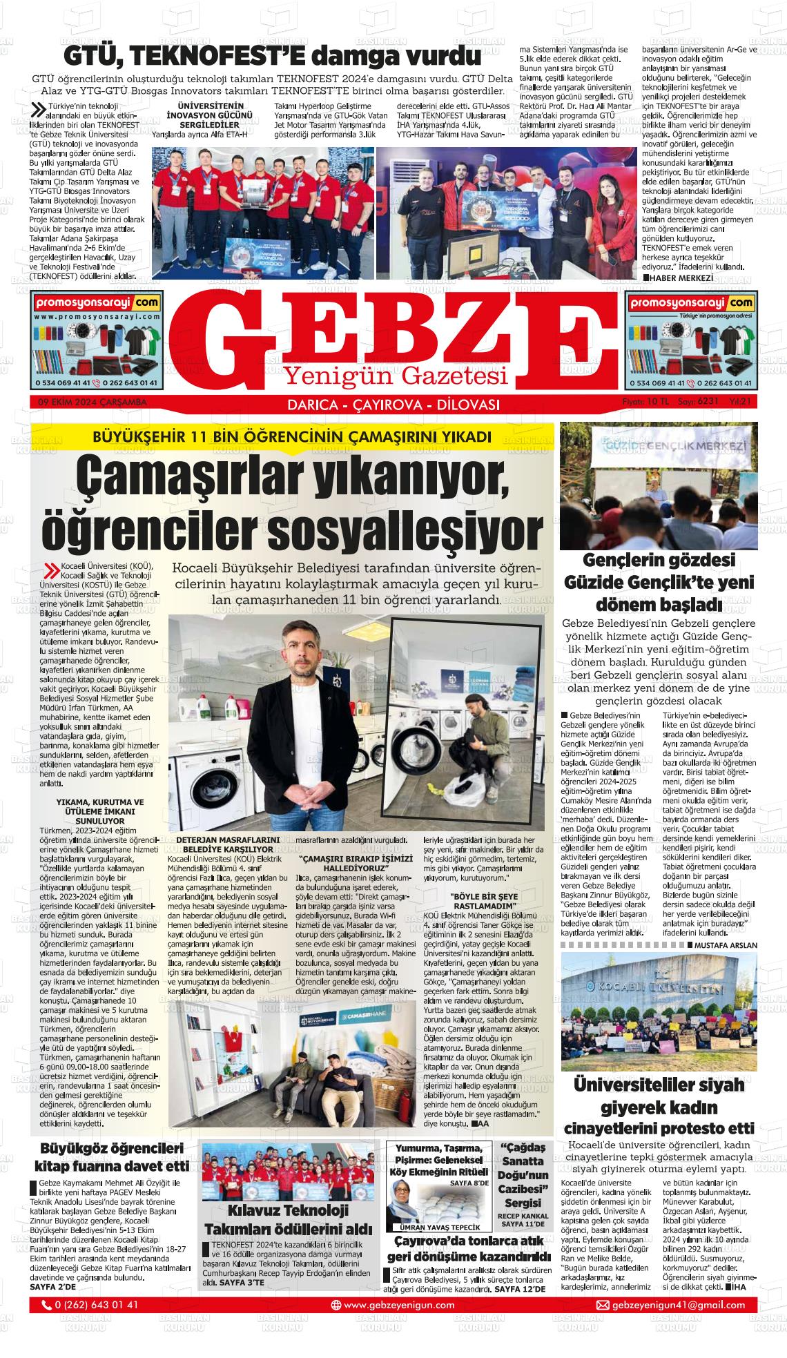 09 Ekim 2024 Gebze Yenigün Gazete Manşeti