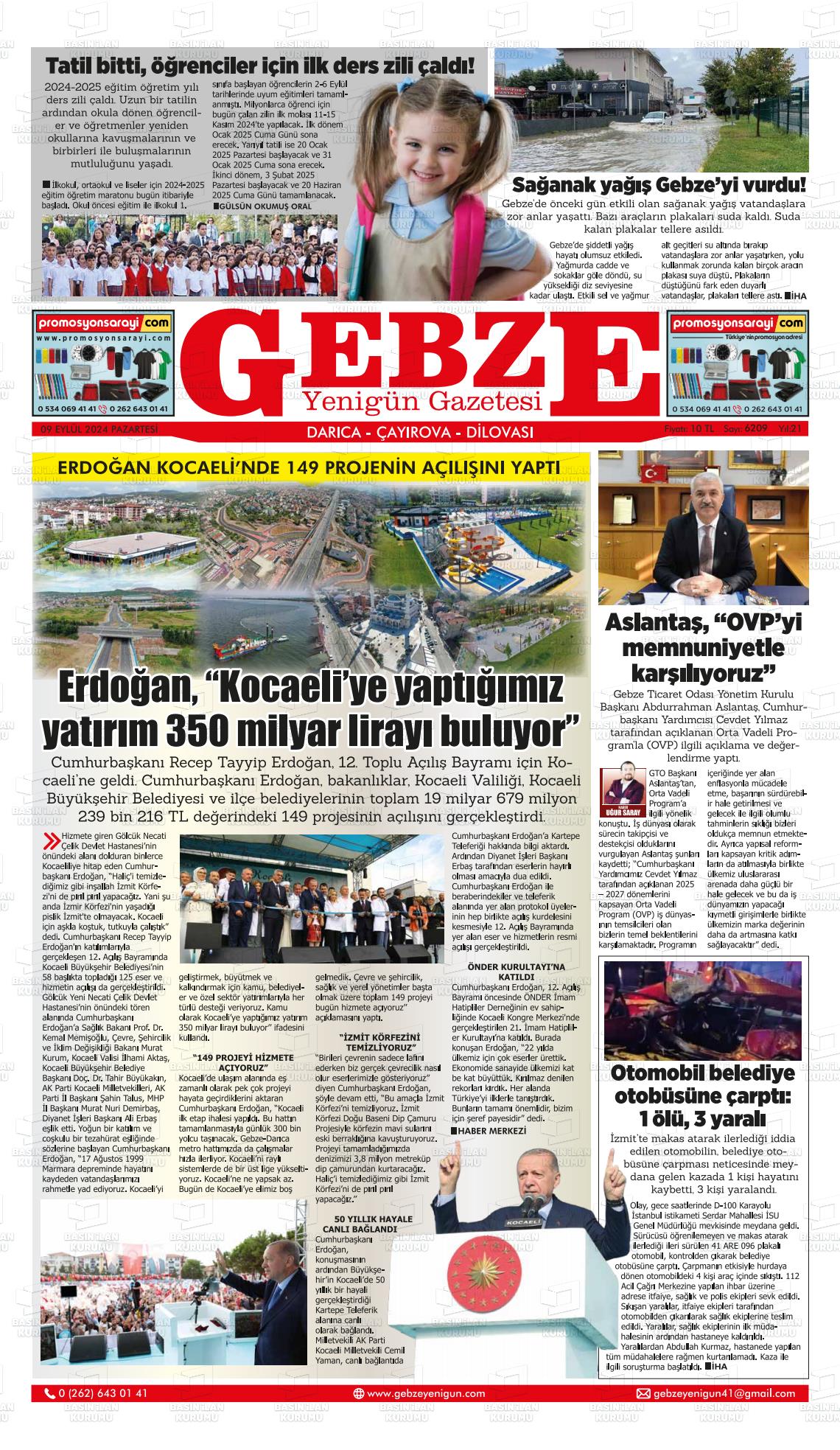 09 Eylül 2024 Gebze Yenigün Gazete Manşeti