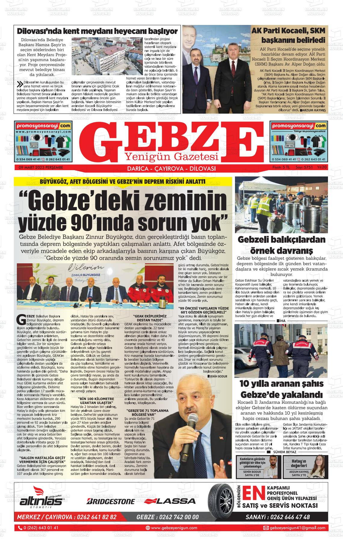 09 Mart 2023 Gebze Yenigün Gazete Manşeti