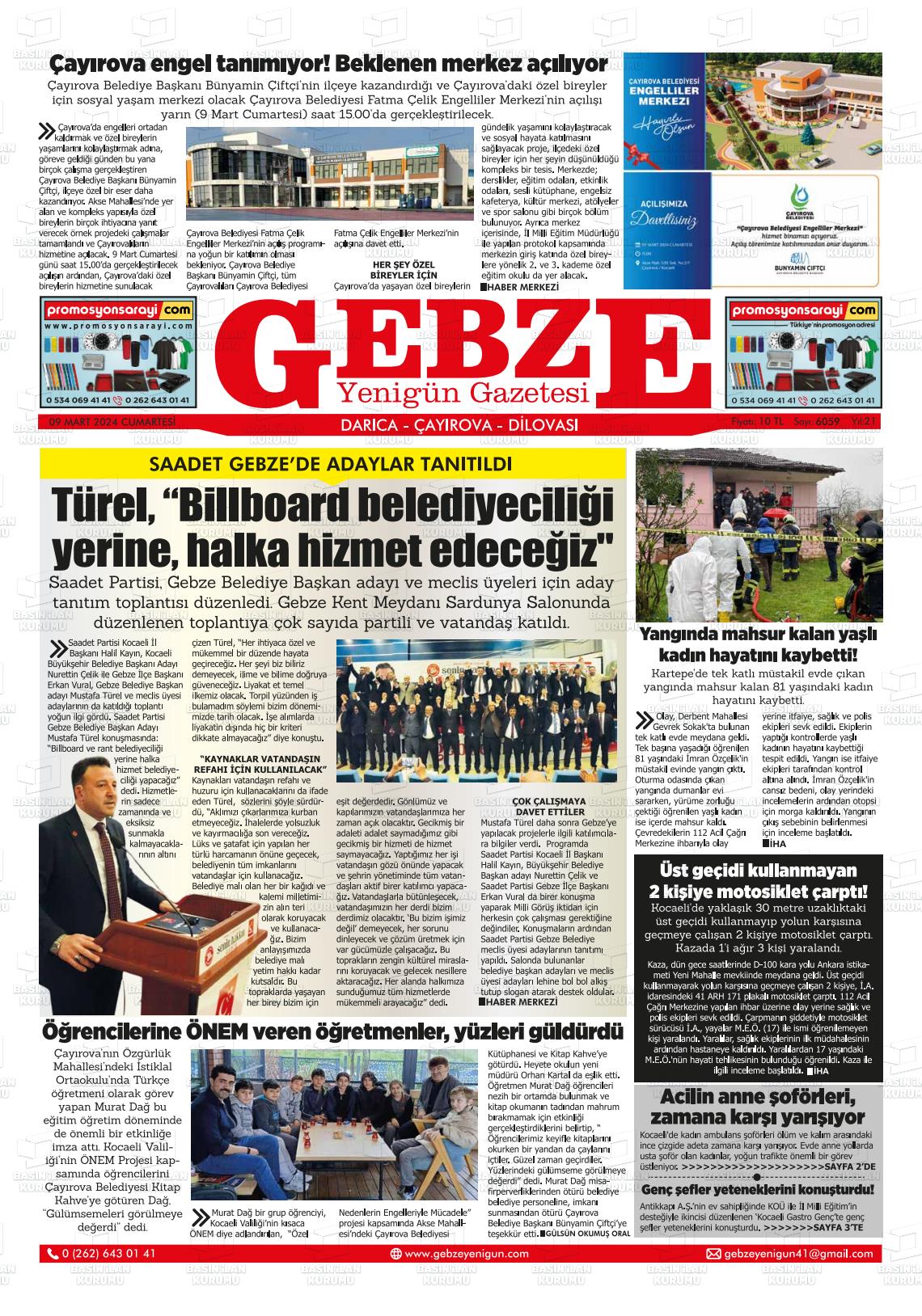 09 Mart 2024 Gebze Yenigün Gazete Manşeti