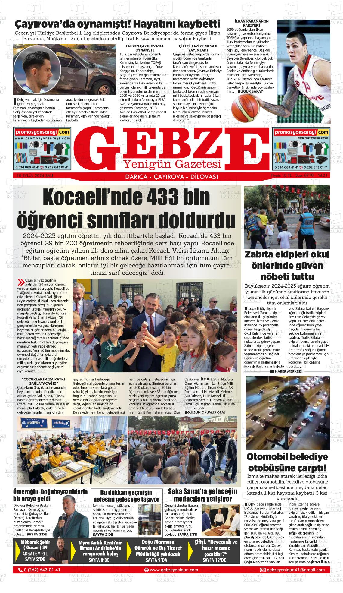 10 Eylül 2024 Gebze Yenigün Gazete Manşeti