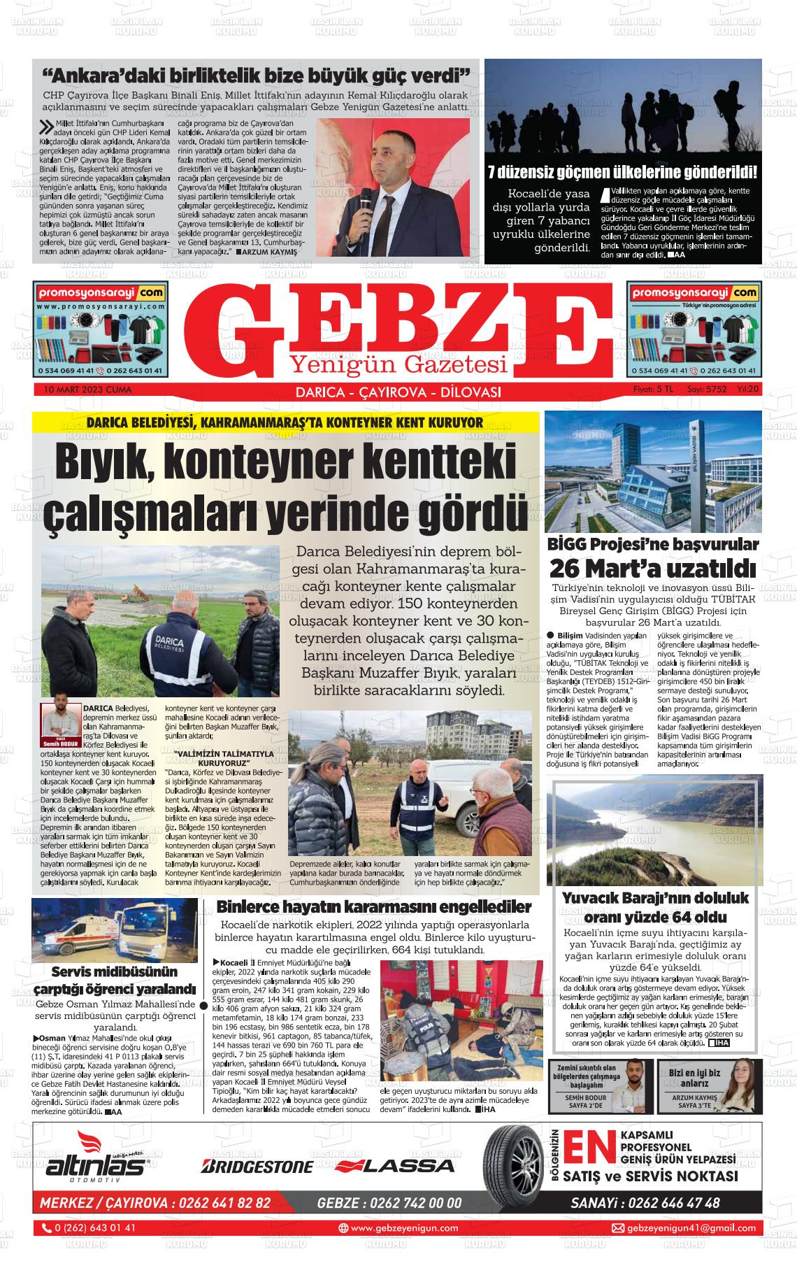 10 Mart 2023 Gebze Yenigün Gazete Manşeti