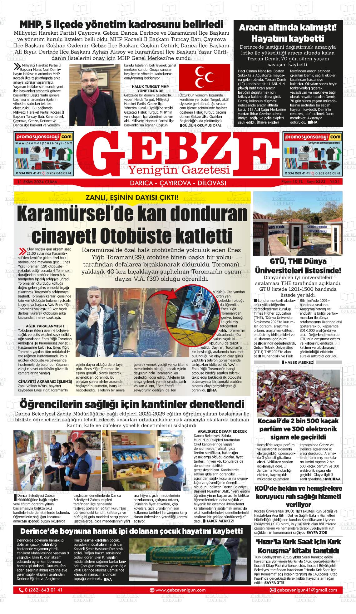 11 Ekim 2024 Gebze Yenigün Gazete Manşeti