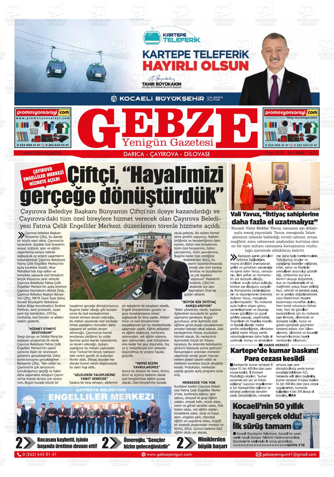 11 Mart 2024 Gebze Yenigün Gazete Manşeti