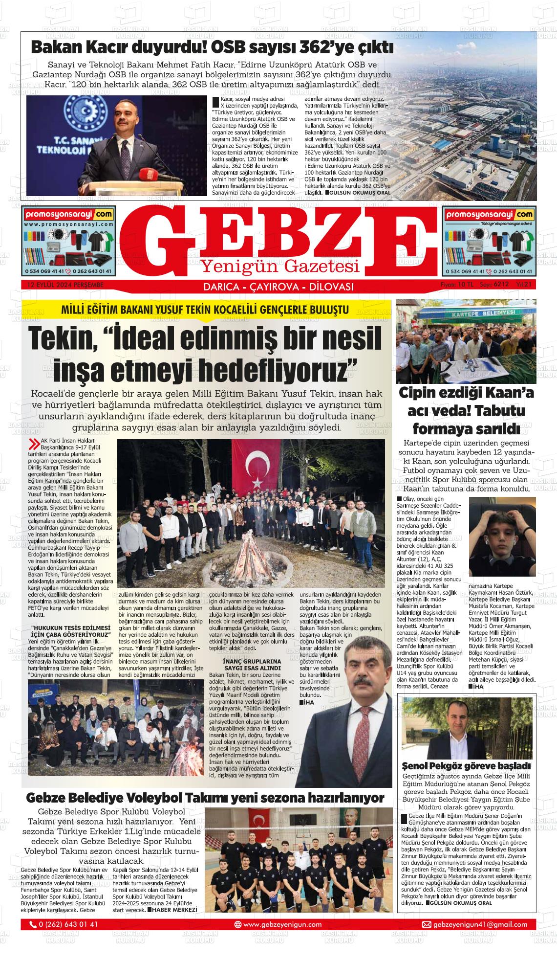 12 Eylül 2024 Gebze Yenigün Gazete Manşeti