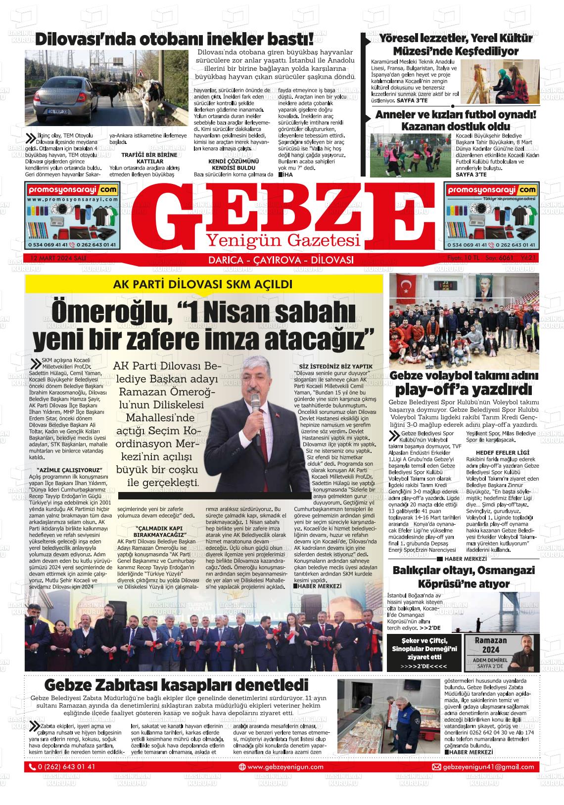 12 Mart 2024 Gebze Yenigün Gazete Manşeti