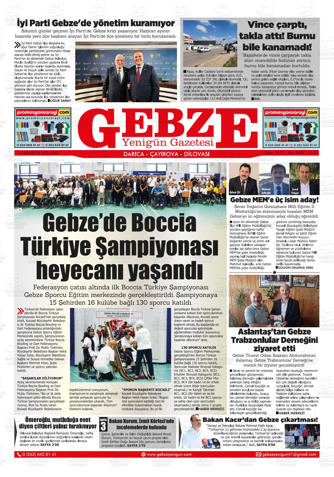 13 Ağustos 2024 Gebze Yenigün Gazete Manşeti