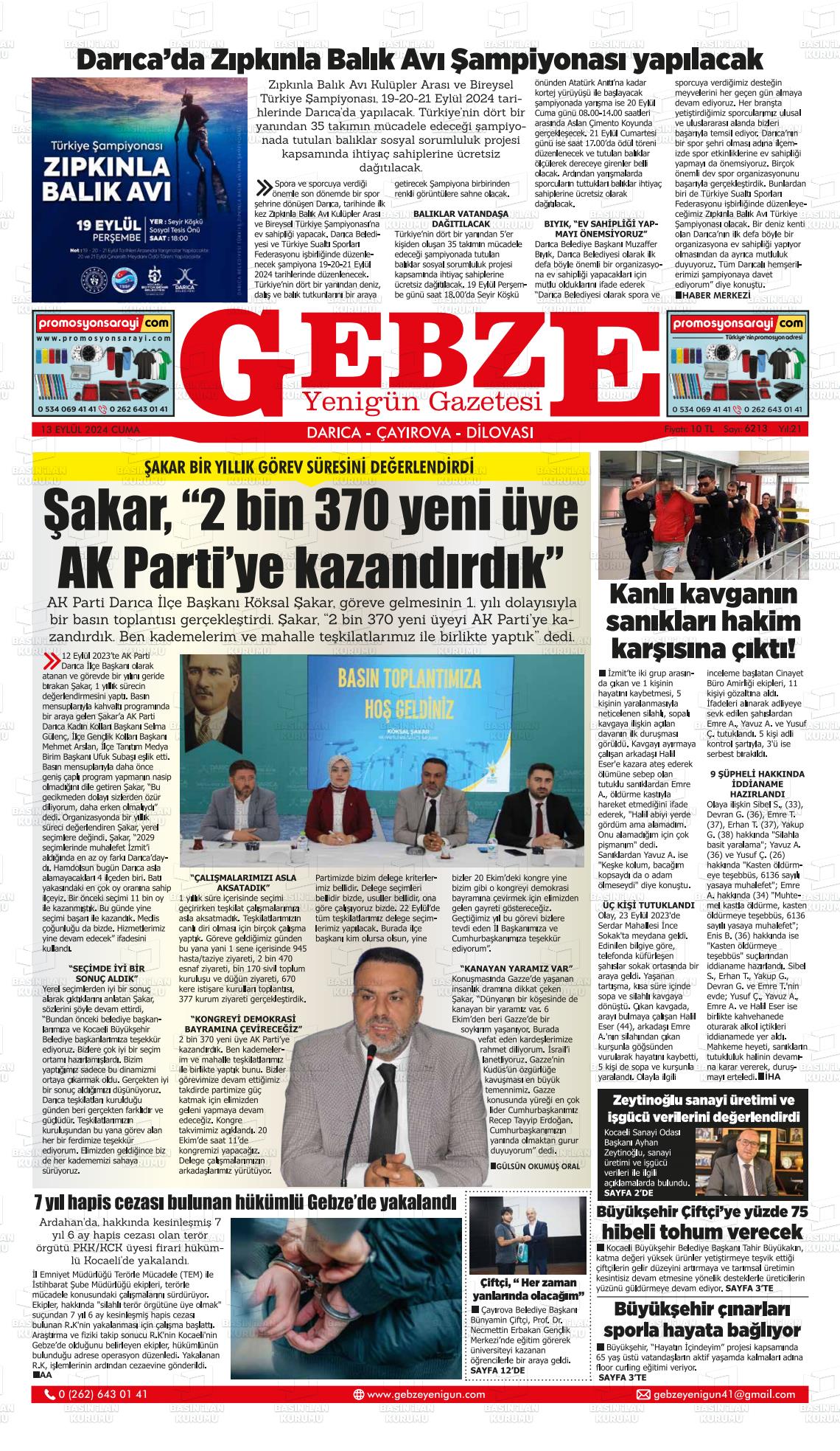 13 Eylül 2024 Gebze Yenigün Gazete Manşeti