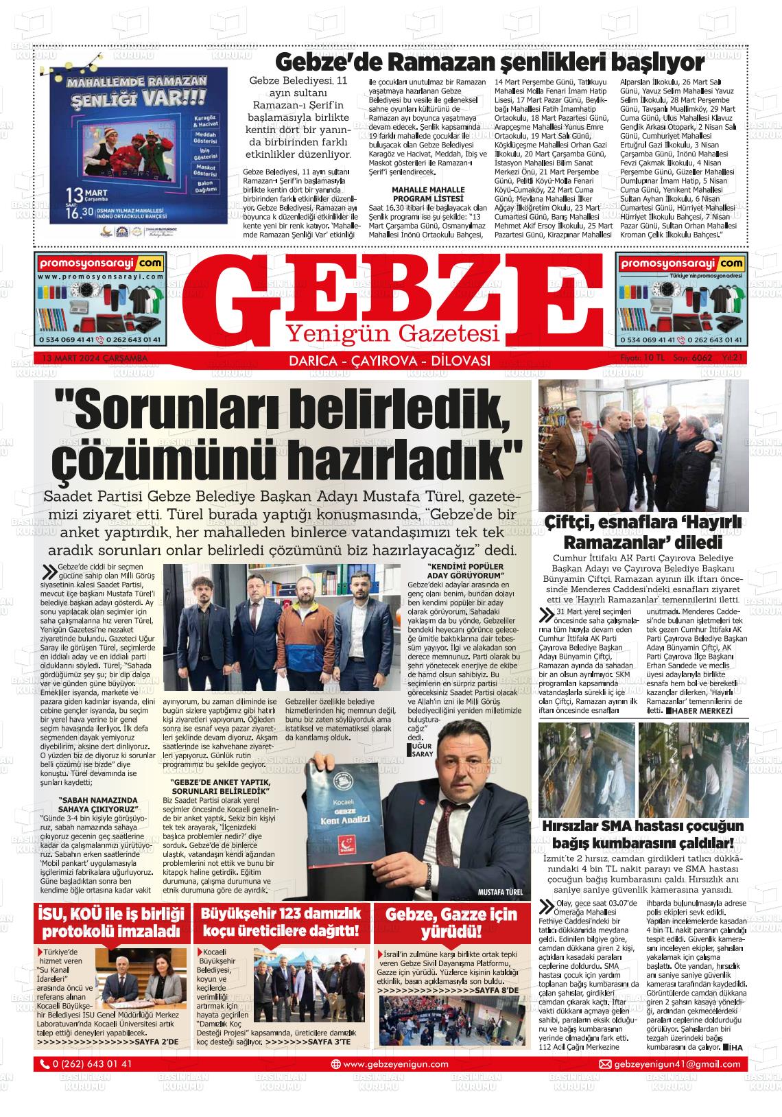 13 Mart 2024 Gebze Yenigün Gazete Manşeti