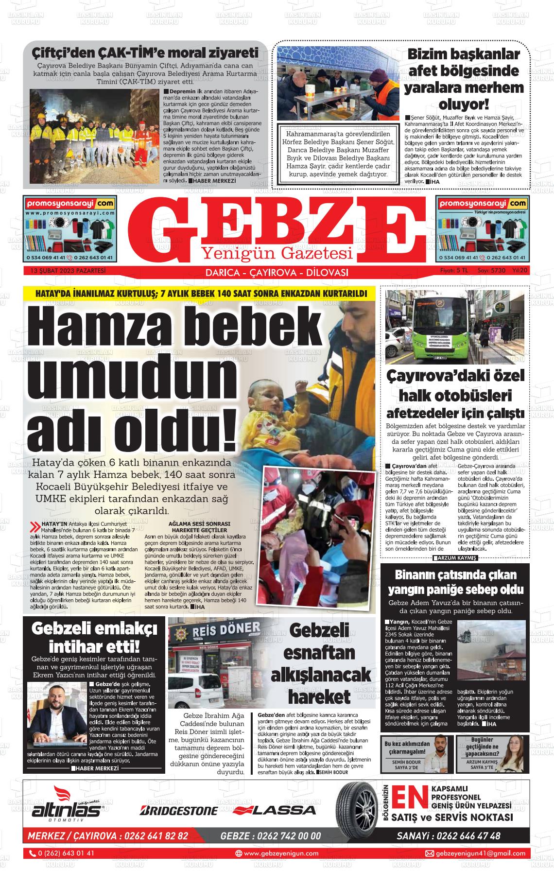 13 Şubat 2023 Gebze Yenigün Gazete Manşeti