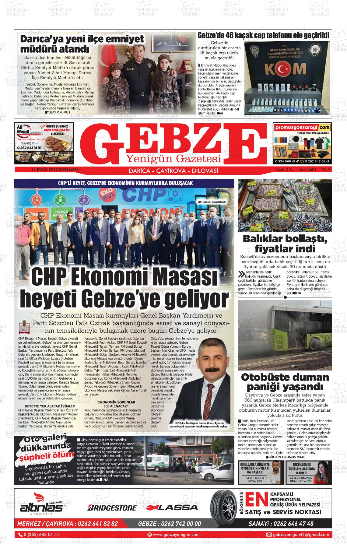 14 Eylül 2022 Gebze Yenigün Gazete Manşeti