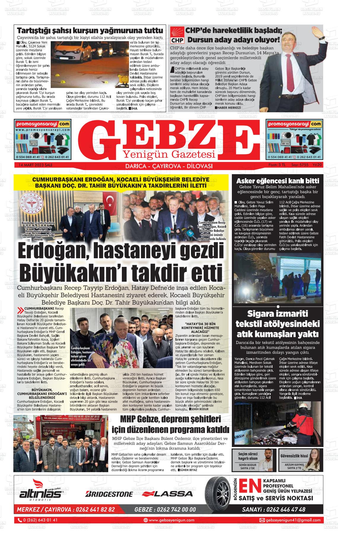 14 Mart 2023 Gebze Yenigün Gazete Manşeti