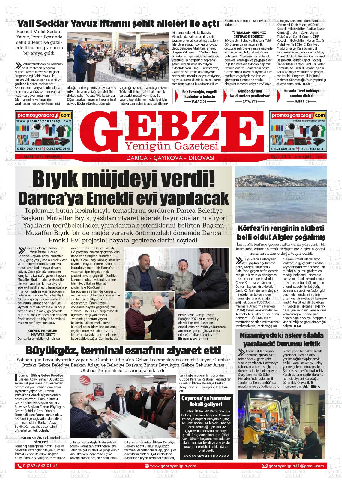 14 Mart 2024 Gebze Yenigün Gazete Manşeti