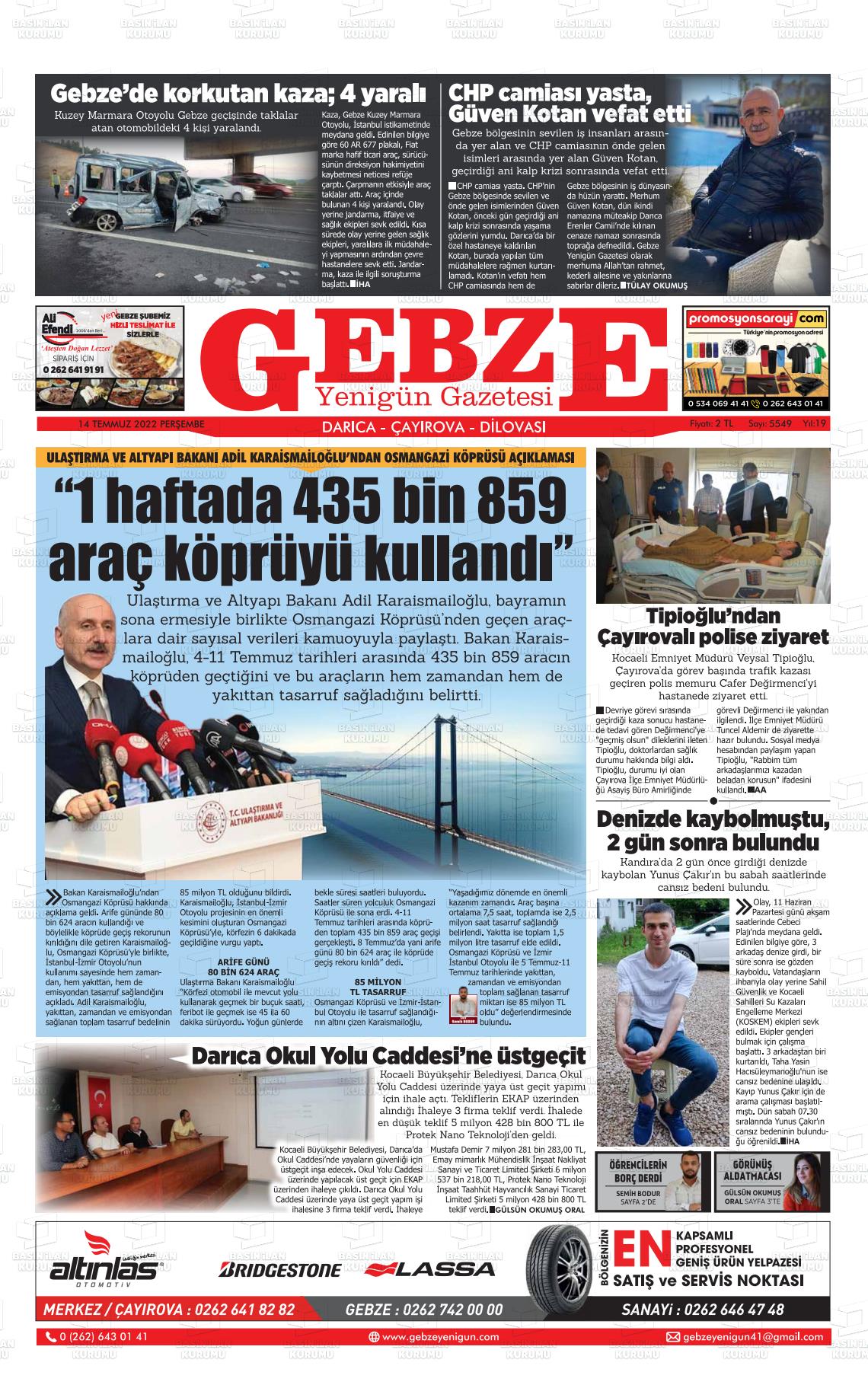 14 Temmuz 2022 Gebze Yenigün Gazete Manşeti